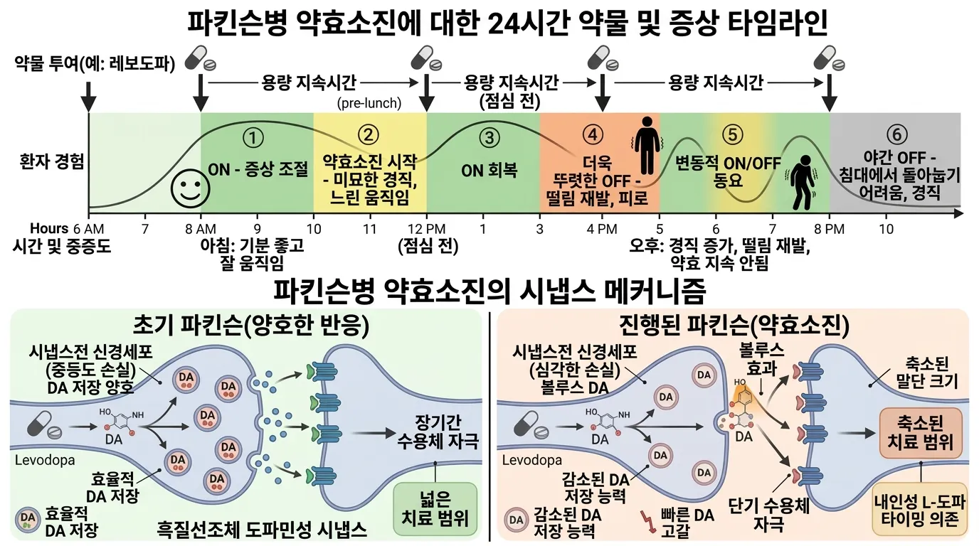 약효 소진 메커니즘 — 24시간 타임라인 + 시냅스 기전